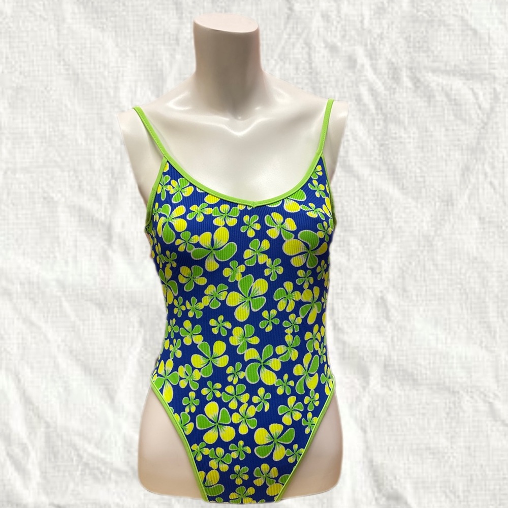 90’s  Floral Blue and Green Women's Swimsuit Retro Low Back XS